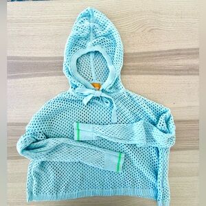 WISPR by Brodie Crochet Open Knit Light Aqua Mesh Hooded Sweater, XS